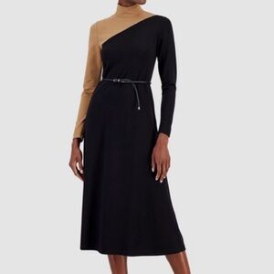 Anne Klein Women's Black Beige Colorblocked Turtleneck Midi Dress